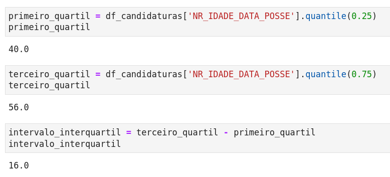 primeiro_quartil = df_candidaturas['NR_IDADE_DATA_POSSE'].quantile(0.25) | terceiro_quartil = df_candidaturas['NR_IDADE_DATA_POSSE'].quantile(0.75) | intervalo_interquartil = terceiro_quartil - primeiro_quartil